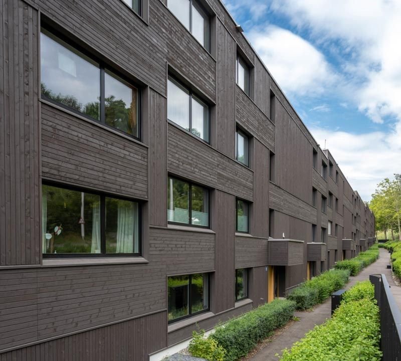 Wohnbauten mit dunkler Holzfassade